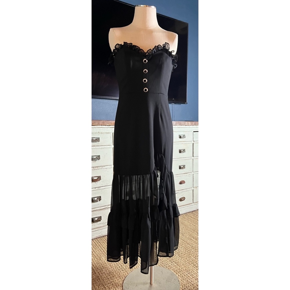 Anthropologie Strapless Ruffle Side Slit Dress 6 - Picture 9 of 10
